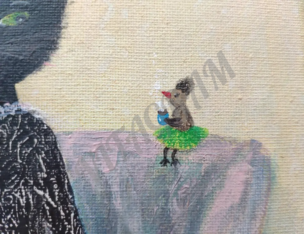 картина кошка и птица пьют чай холст