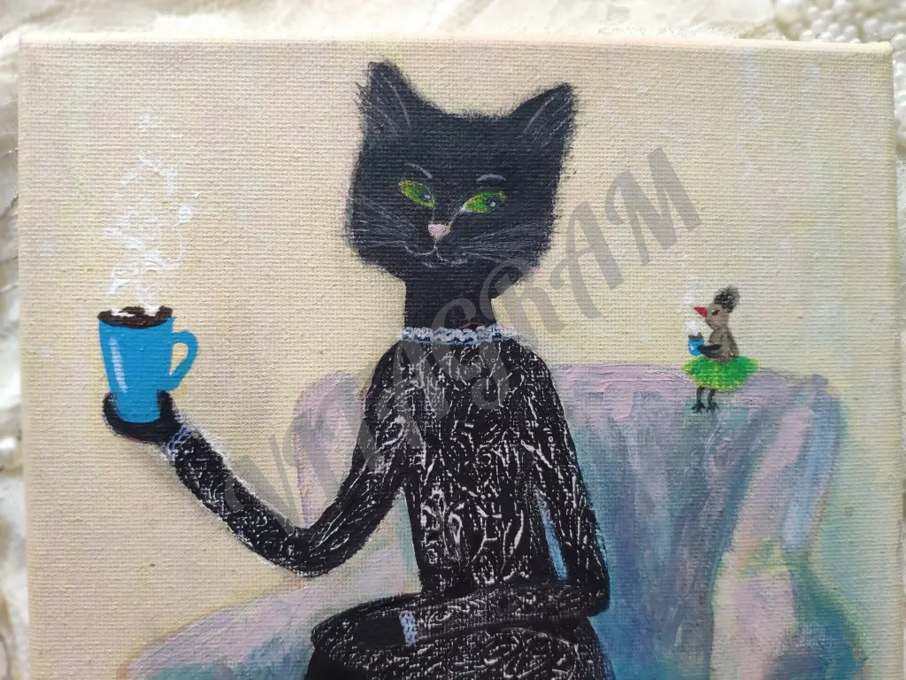 картина кошка и птица пьют чай холст