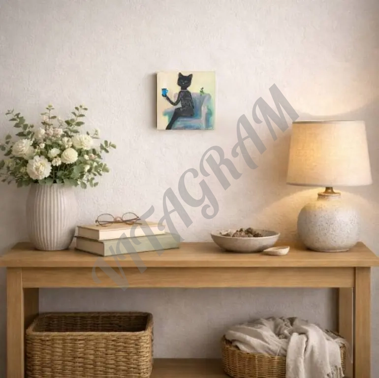 картина кошка и птица пьют чай холст