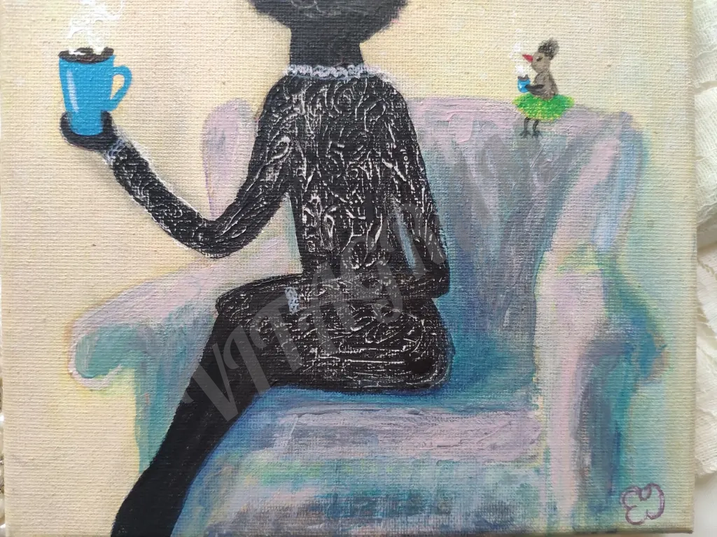 картина кошка и птица пьют чай холст