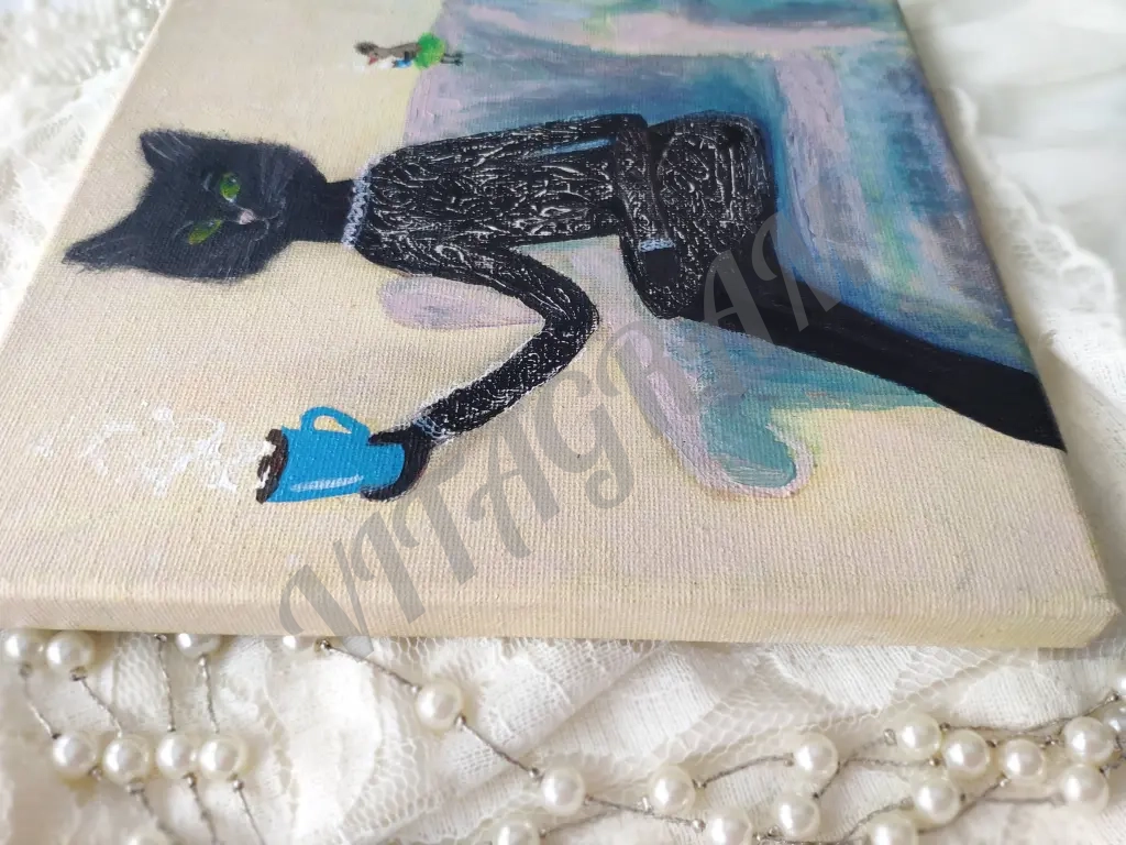 картина кошка и птица пьют чай холст