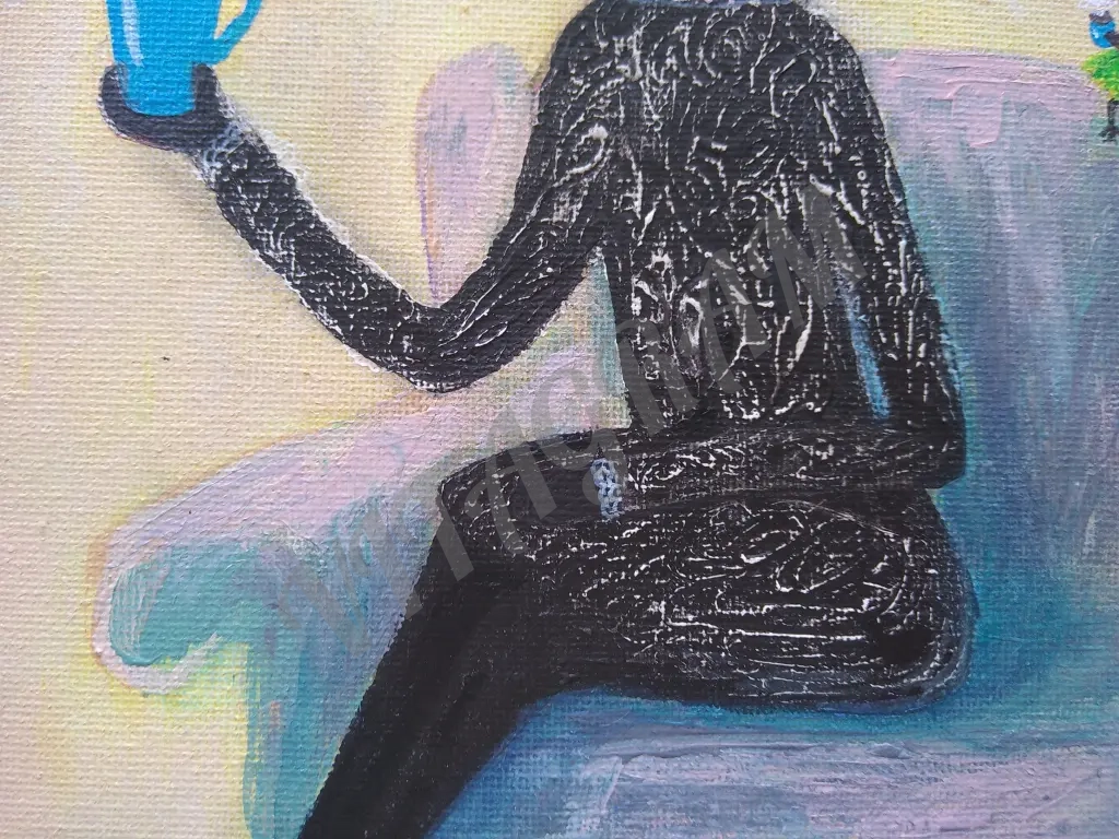 картина кошка и птица пьют чай холст