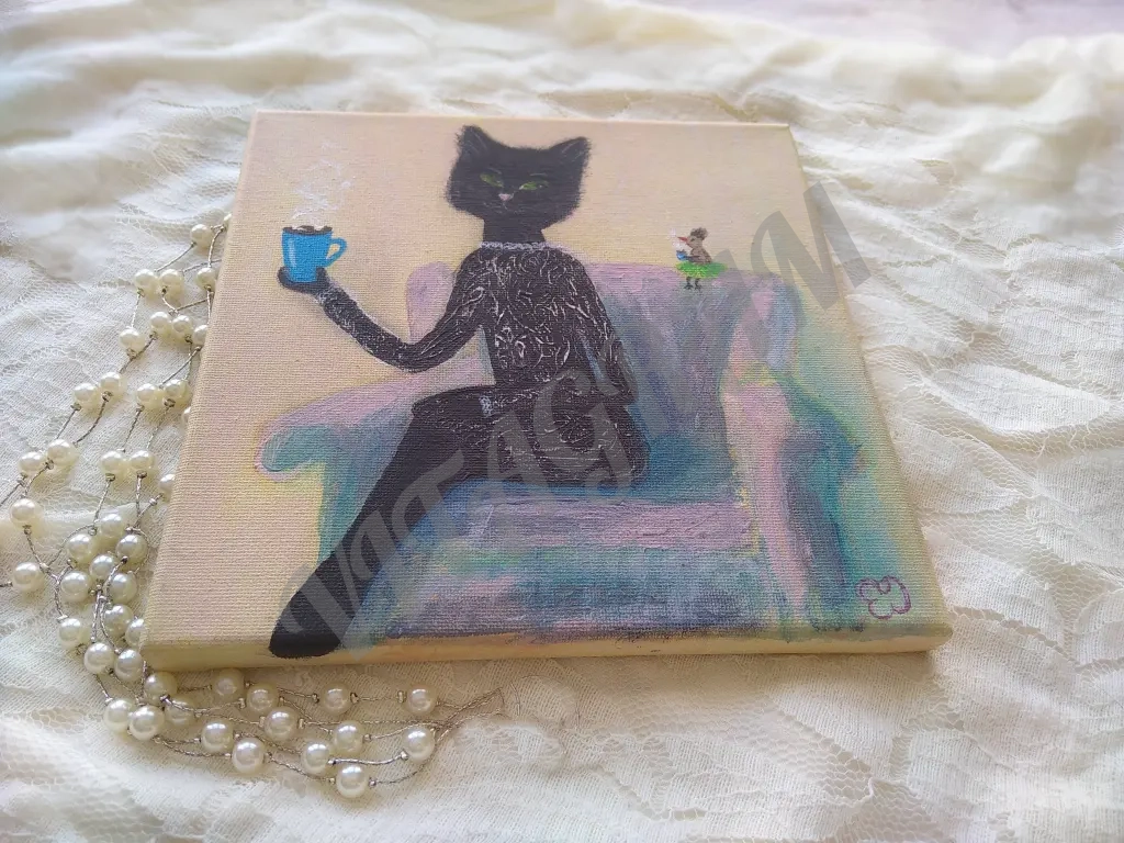 картина кошка и птица пьют чай холст