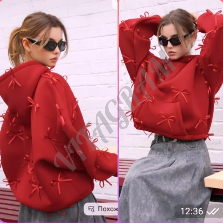 Красная толстовка худи с бантиками Zara, оверсайз