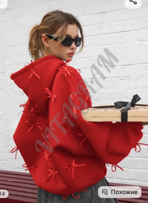 Красная толстовка худи с бантиками Zara, оверсайз