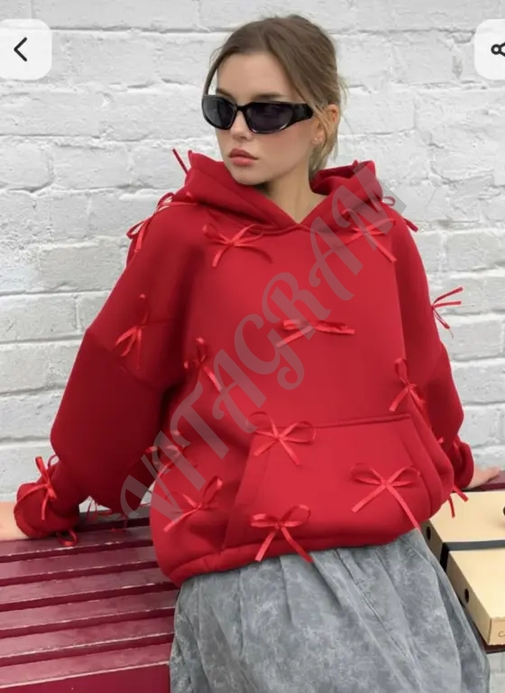Красная толстовка худи с бантиками Zara, оверсайз