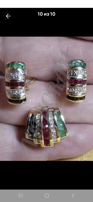 Серьги, подвеска Желт зол 14К(585) Натур Брл, Руб,Изум,Сапф.