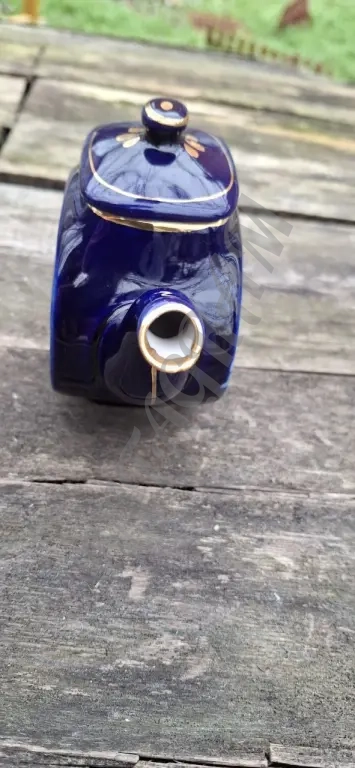 Синий чайник Гжель, мини с позолотой