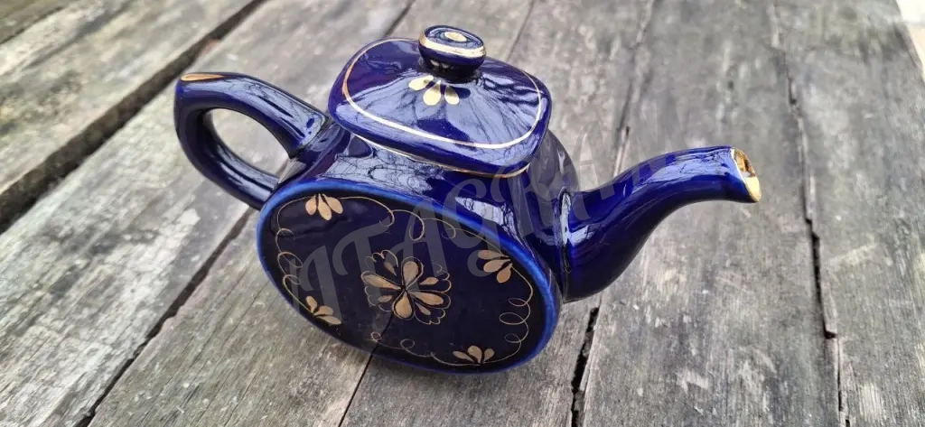 Синий чайник Гжель, мини с позолотой