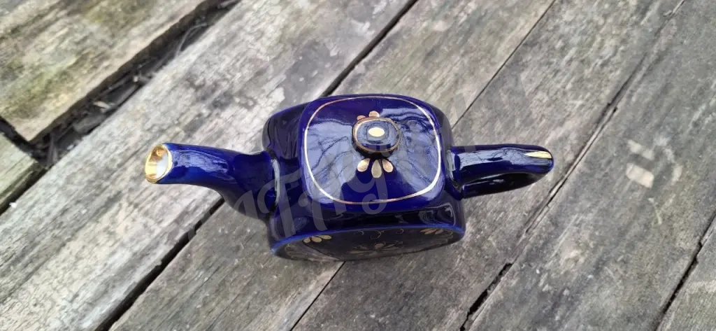 Синий чайник Гжель, мини с позолотой